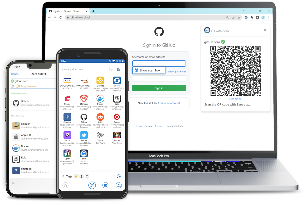 Zero password manager app on iOS and Android, as well as Zero extension on desktop